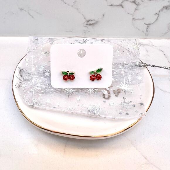 Red Cherry Stud Earrings Statement for vacation summer spring fruit gemstones - Picture 1 of 5